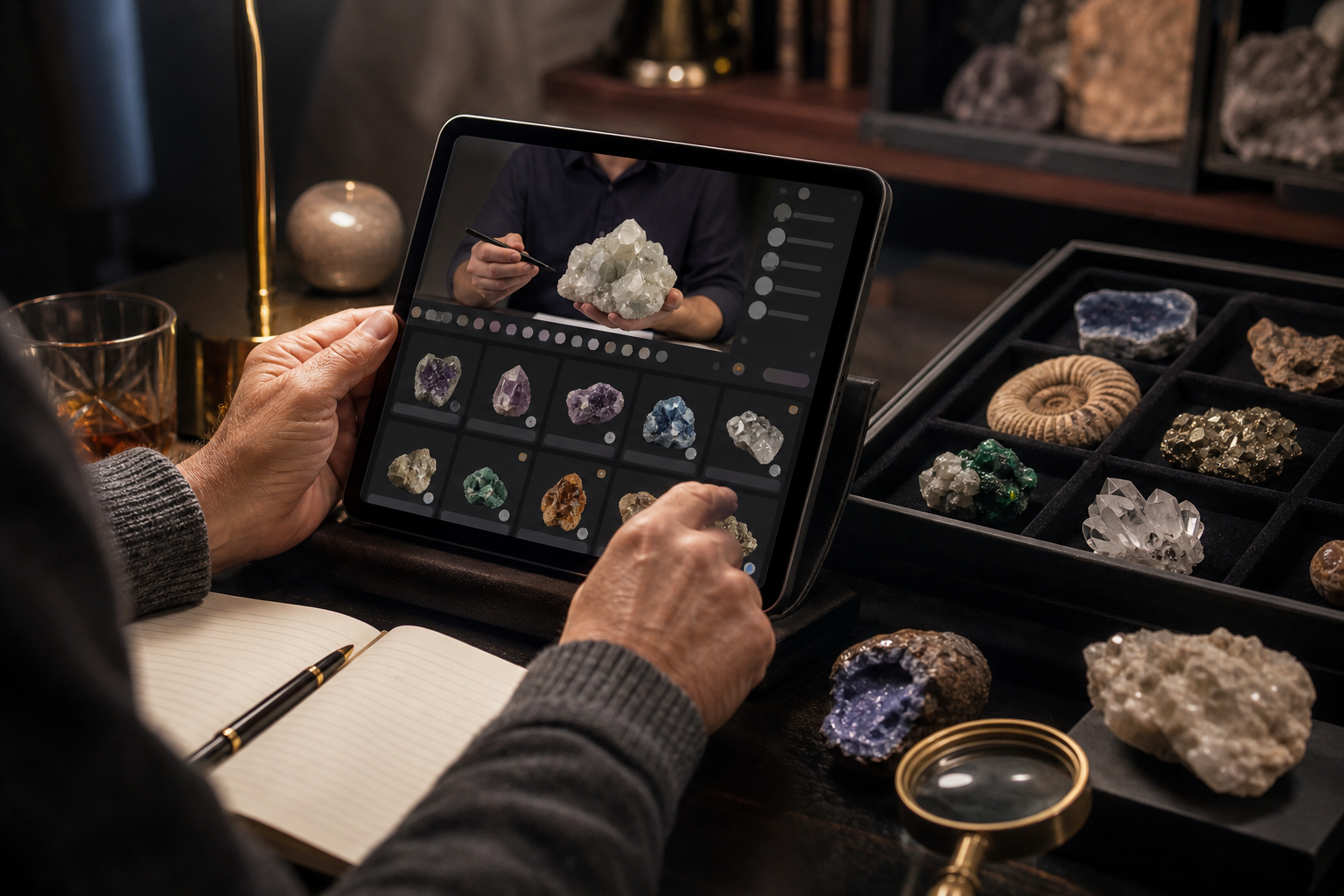 A collector browsing a live specimen sale on a tablet beside a tray of minerals and fossils.